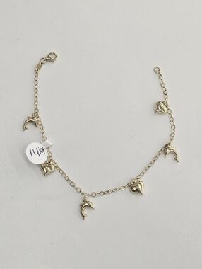 14kt Real Gold Hearts And Dolphins Charms Bracelet